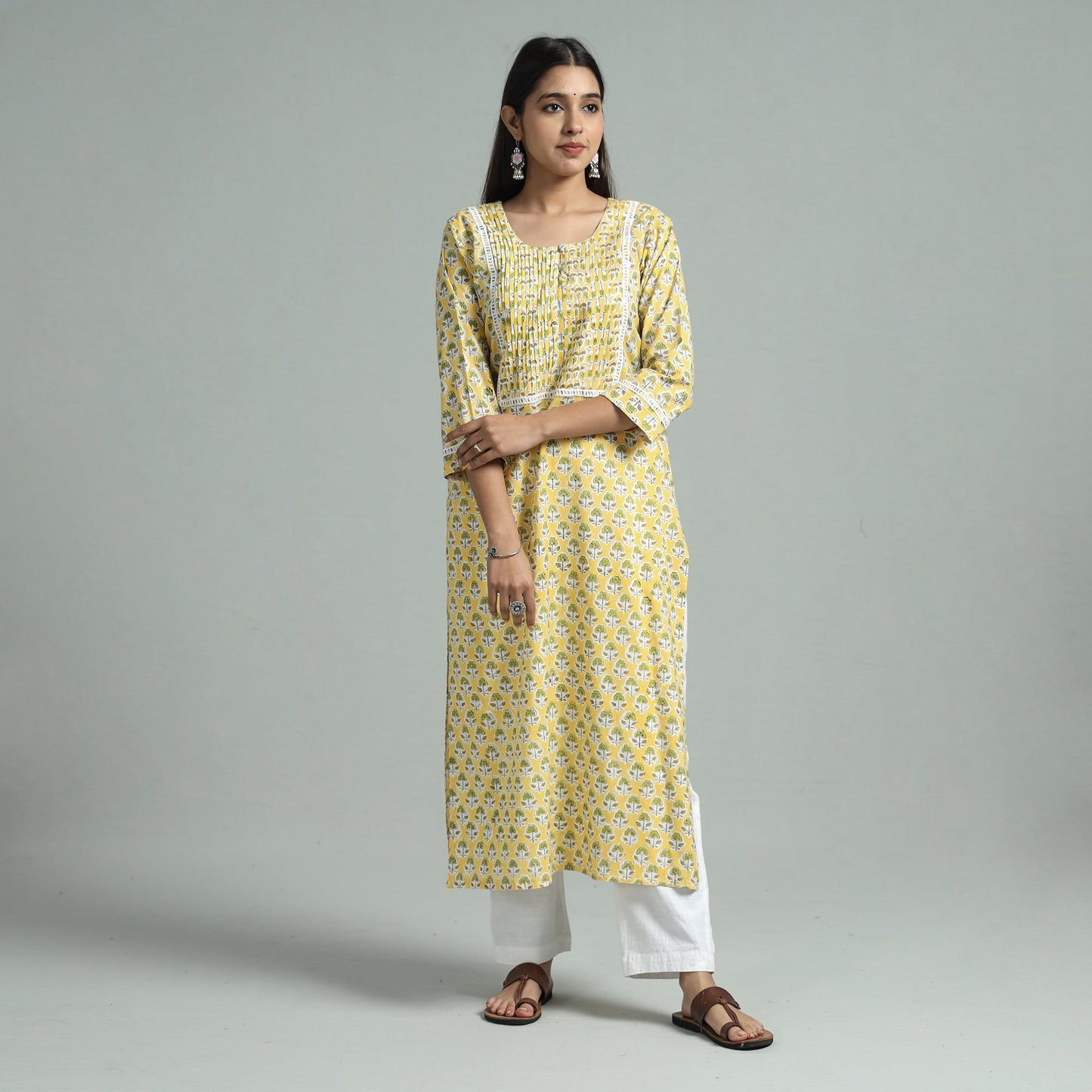 Yellow - sanganeri block printed cotton pintuck straight