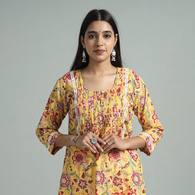 Buy Sanganeri Block Printed Cotton Pintuck Kurta with Lace Work Online l iTokri.com