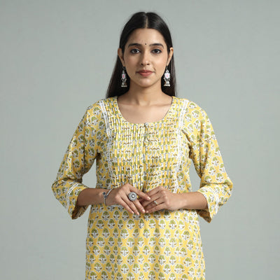 Yellow - sanganeri block printed cotton pintuck straight