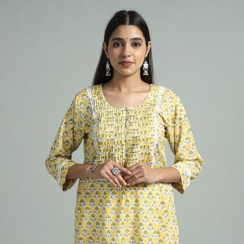 Yellow - sanganeri block printed cotton pintuck straight