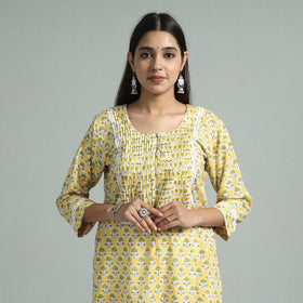 Yellow - sanganeri block printed cotton pintuck straight