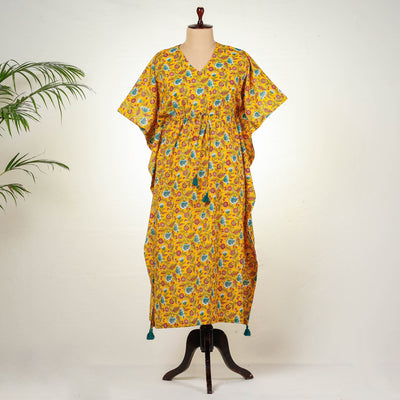 Sanganeri block printing cotton kaftan with tie-up waist