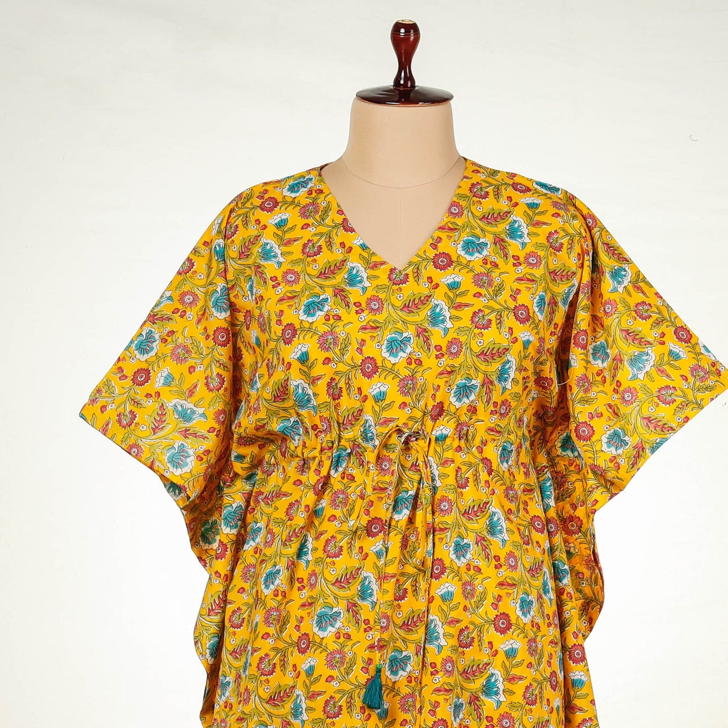 Sanganeri block printing cotton kaftan with tie-up waist