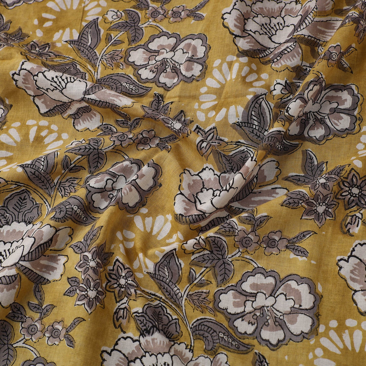 Yellow Sanganeri Block Print Cotton Fabric