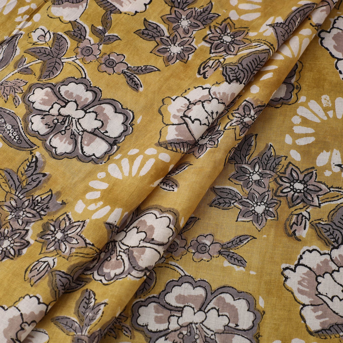 Yellow Sanganeri Block Print Cotton Fabric