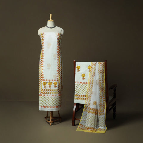 Sanganeri hand block print cotton 3pc unstitched dress