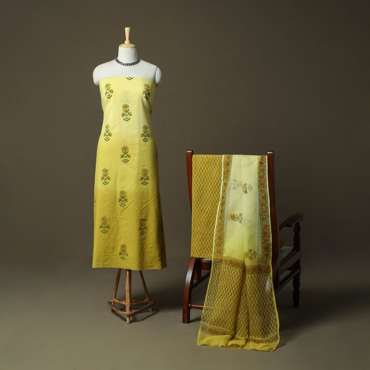 Sanganeri hand block print cotton 3pc unstitched dress