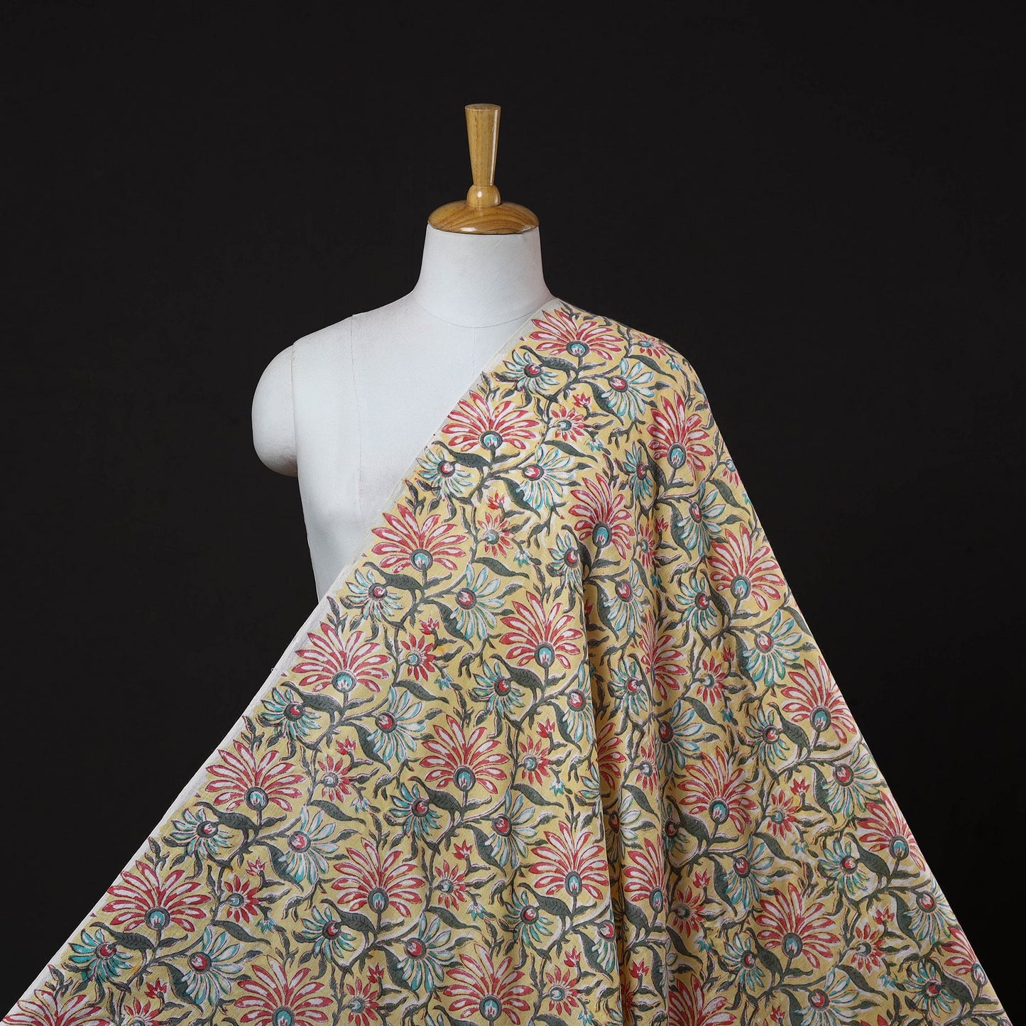 Yellow Sanganeri Block Print Handloom Pure Wool Fabric 