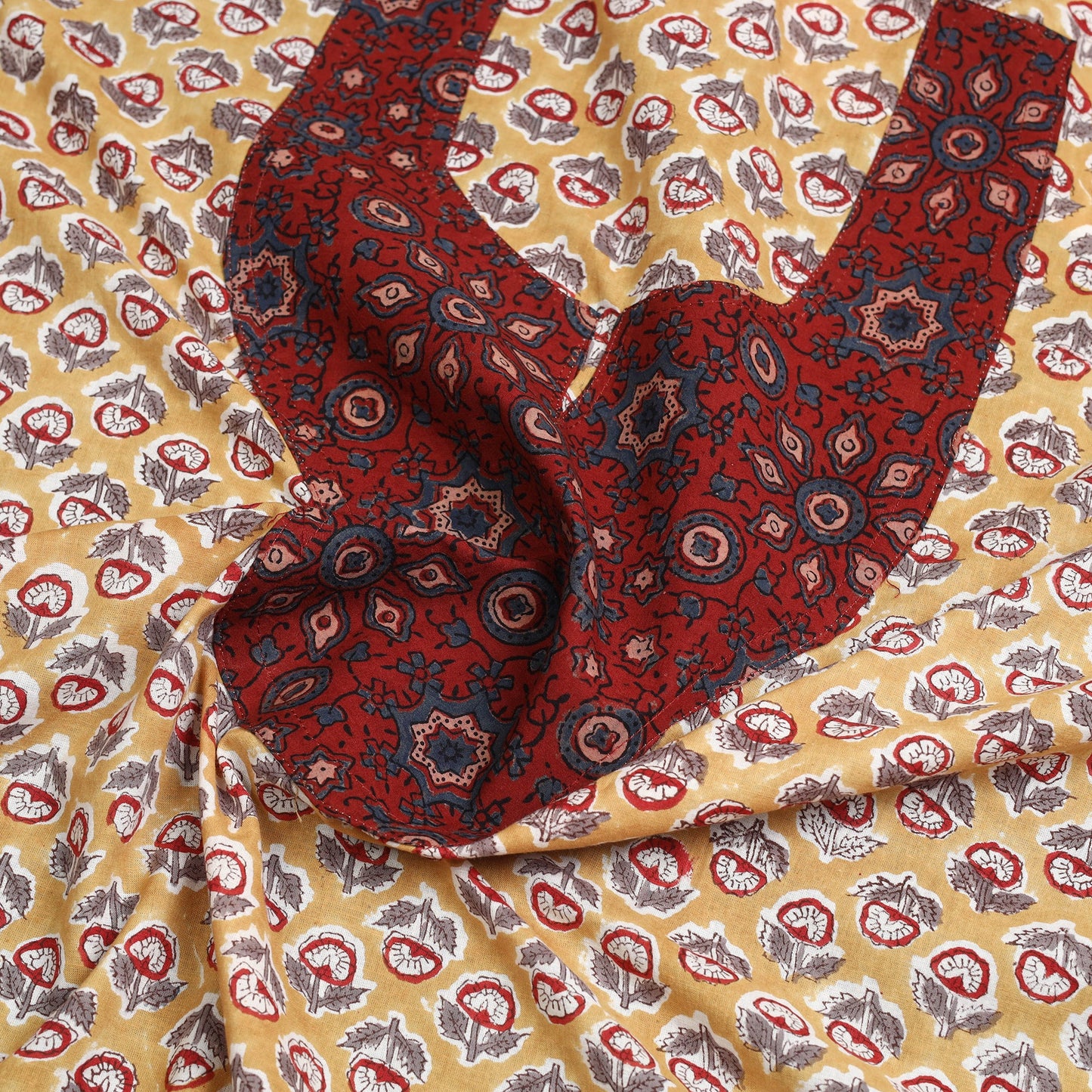 Yellow - sanganeri patchwork cotton unstitched kurta