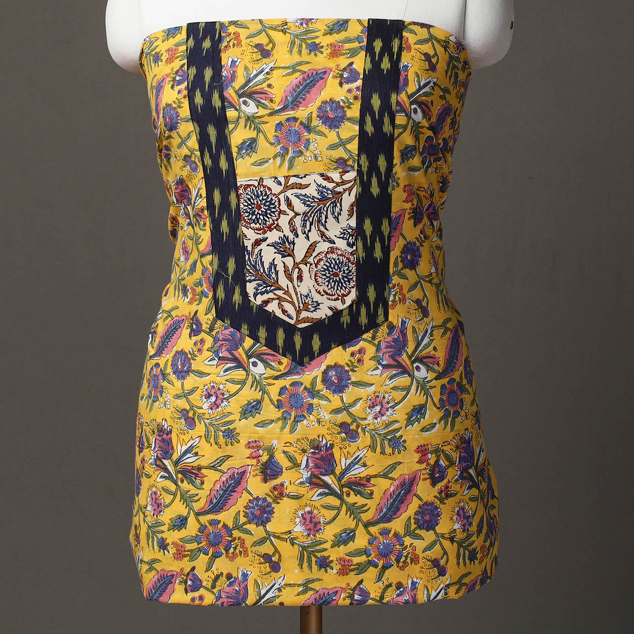 Buy Yellow Sanganeri Block Print Patchwork Kurta Material