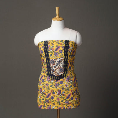 Buy Yellow Sanganeri Block Print Patchwork Kurta Material