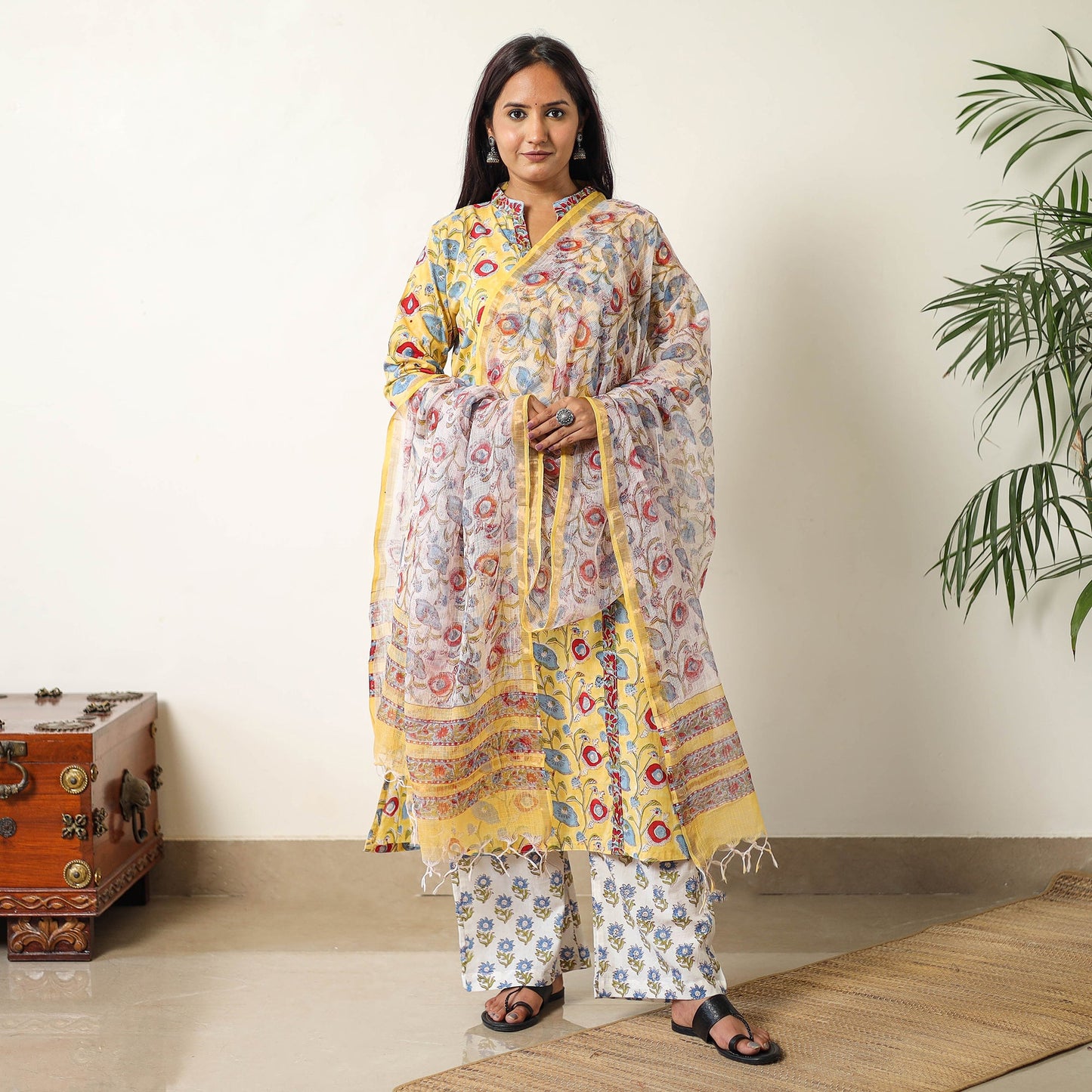  Sanganeri Block Printed Cotton Kurta with Palazzo & Dupatta Set 03 Online at iTokri.com