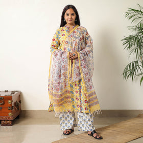  Sanganeri Block Printed Cotton Kurta with Palazzo & Dupatta Set 03 Online at iTokri.com