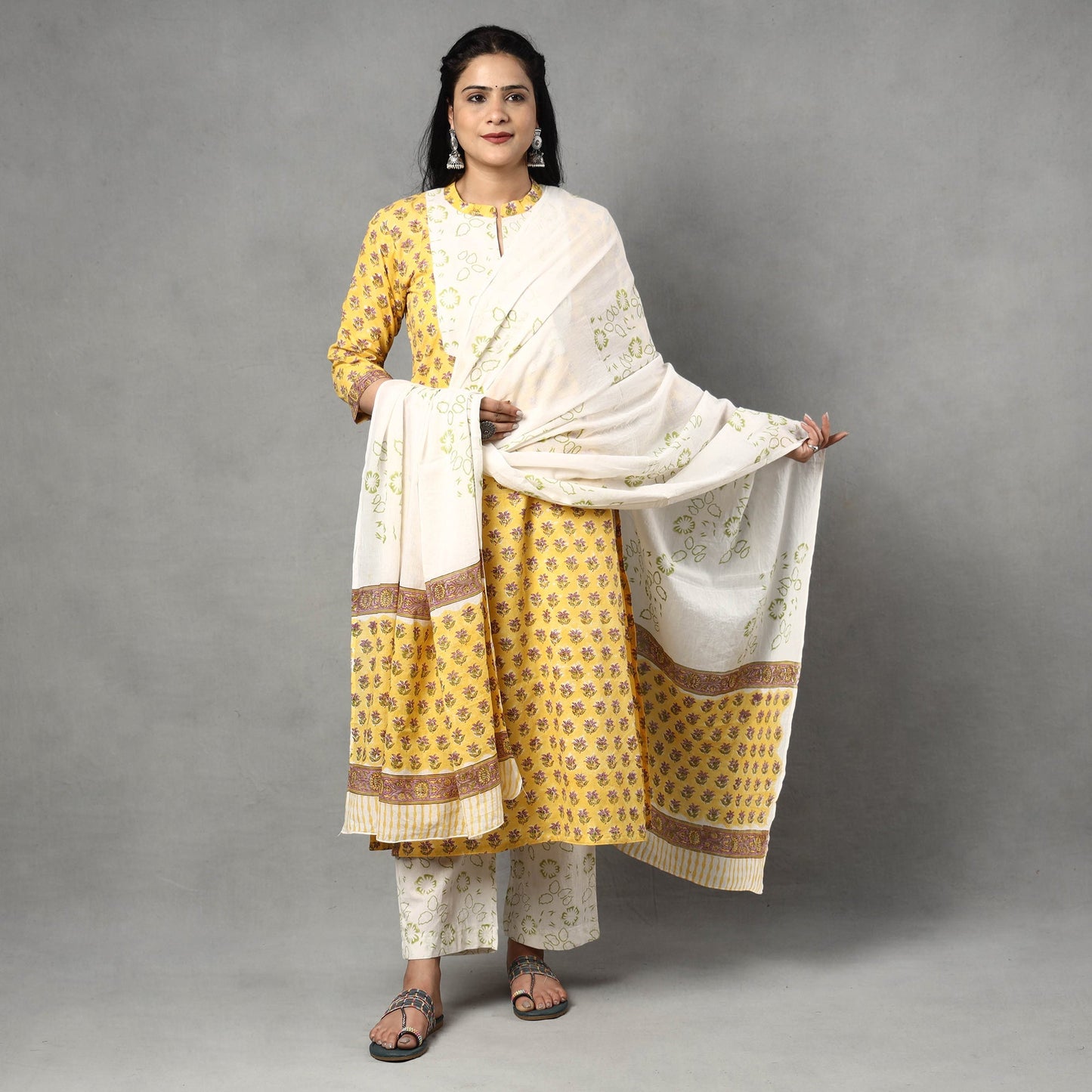  Sanganeri Block Printed Cotton Kurta with Palazzo & Dupatta Set 