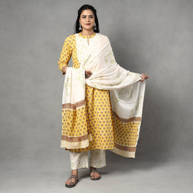  Sanganeri Block Printed Cotton Kurta with Palazzo & Dupatta Set 