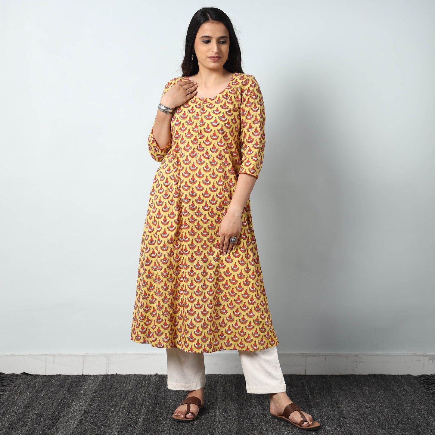 Yellow - Sanganeri Block Printed Cotton A-Line Long Kurta