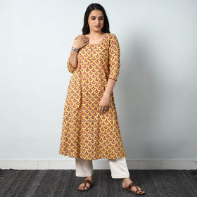 Yellow - Sanganeri Block Printed Cotton A-Line Long Kurta