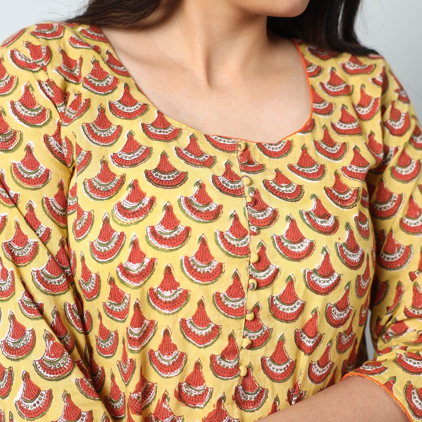 Yellow - Sanganeri Block Printed Cotton A-Line Long Kurta