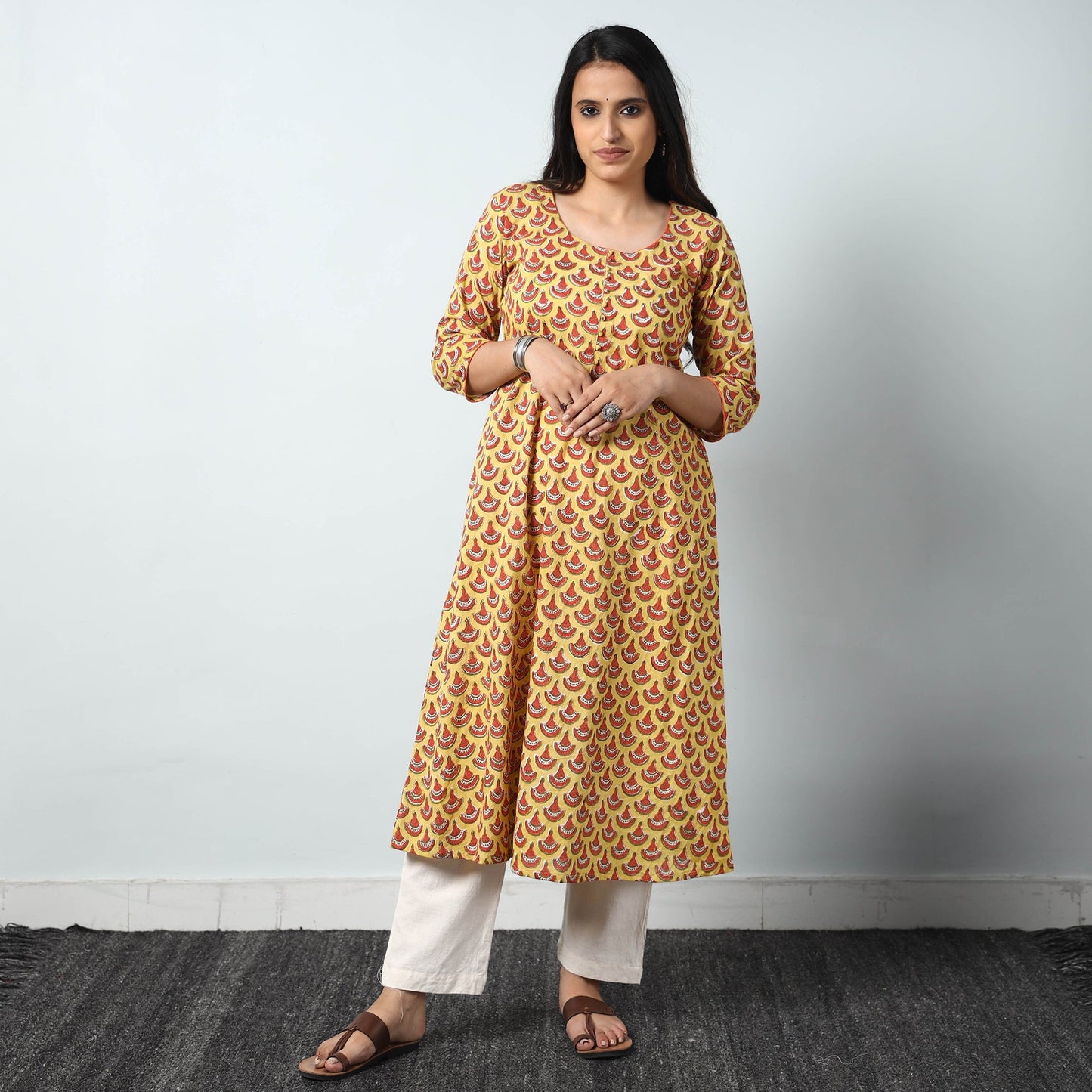 Yellow - Sanganeri Block Printed Cotton A-Line Long Kurta