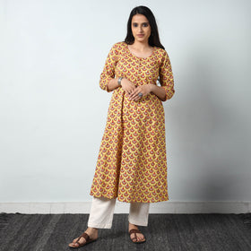 Yellow - Sanganeri Block Printed Cotton A-Line Long Kurta