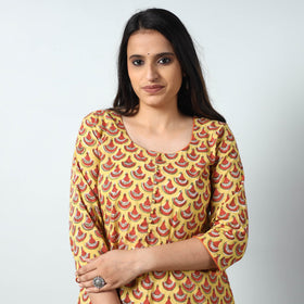 Yellow - Sanganeri Block Printed Cotton A-Line Long Kurta