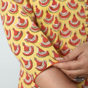 Yellow - Sanganeri Block Printed Cotton A-Line Long Kurta