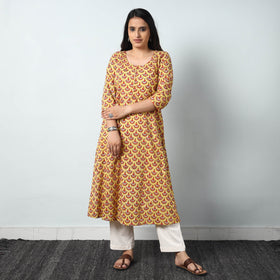 Yellow - Sanganeri Block Printed Cotton A-Line Long Kurta