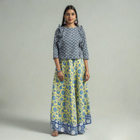 Yellow Sanganeri Block Printed Cotton Long Skirt 