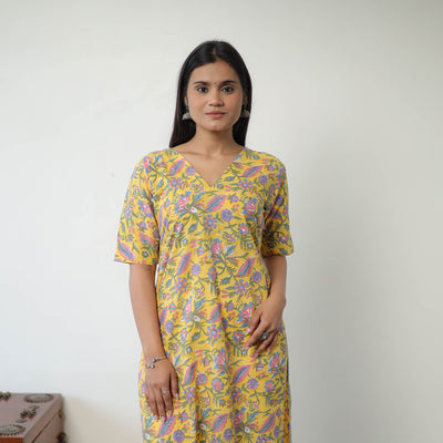 Buy Yellow Sanganeri Block Printed Cotton Long Kurta