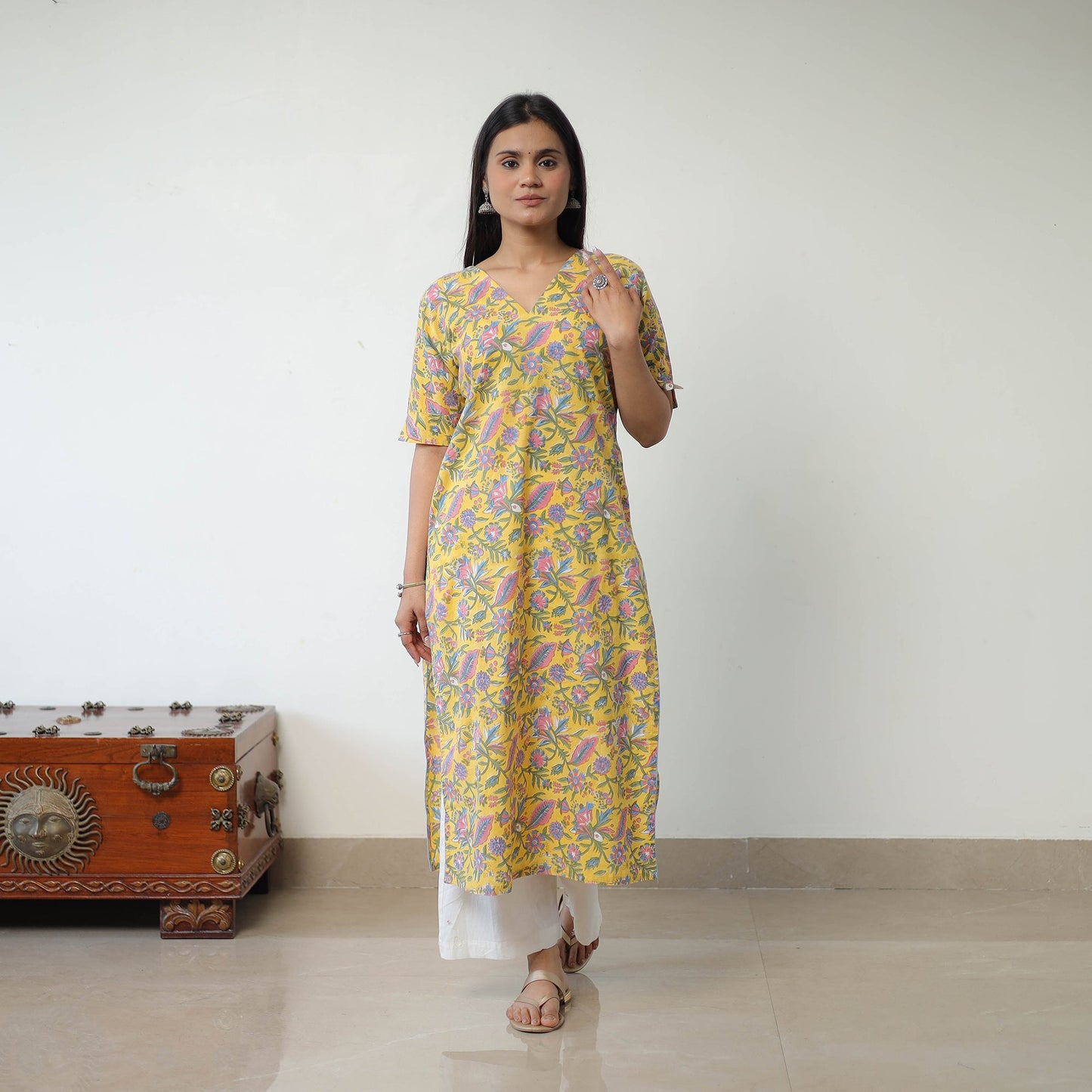 Buy Yellow Sanganeri Block Printed Cotton Long Kurta