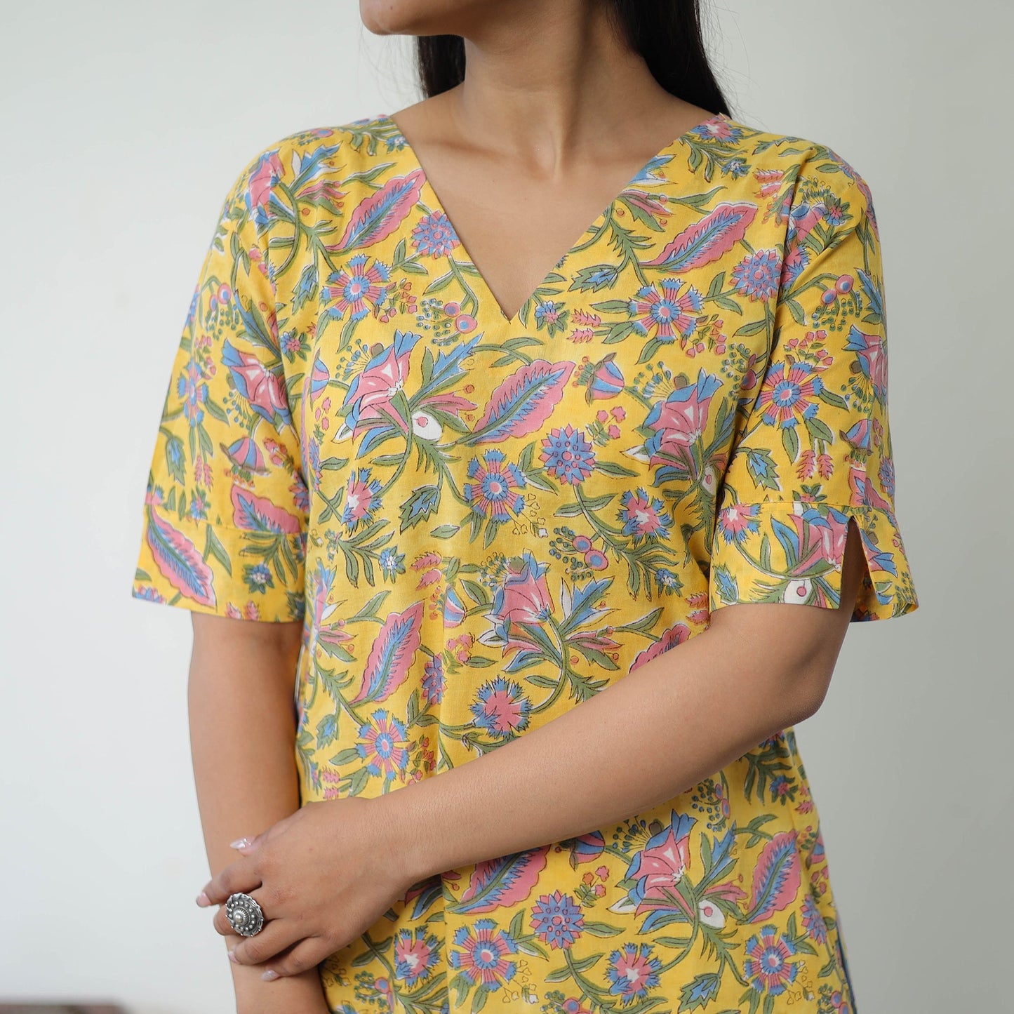Buy Yellow Sanganeri Block Printed Cotton Long Kurta