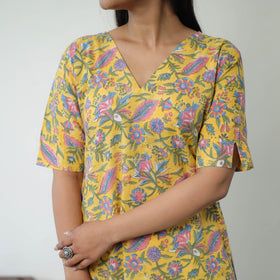 Buy Yellow Sanganeri Block Printed Cotton Long Kurta