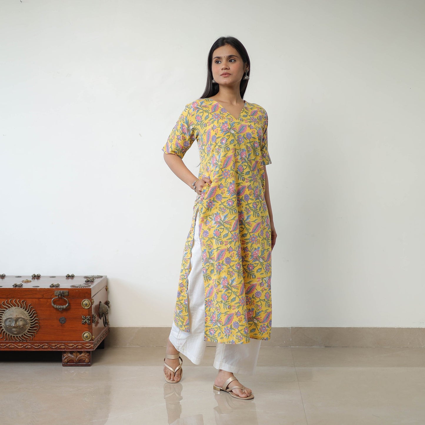 Buy Yellow Sanganeri Block Printed Cotton Long Kurta