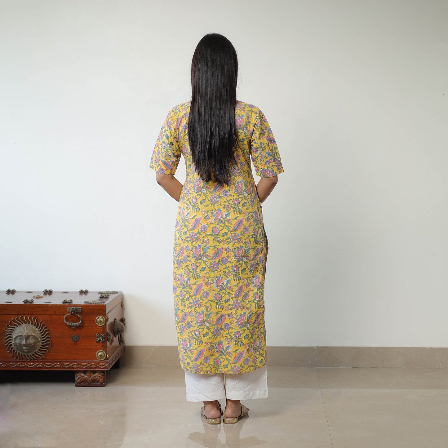 Buy Yellow Sanganeri Block Printed Cotton Long Kurta