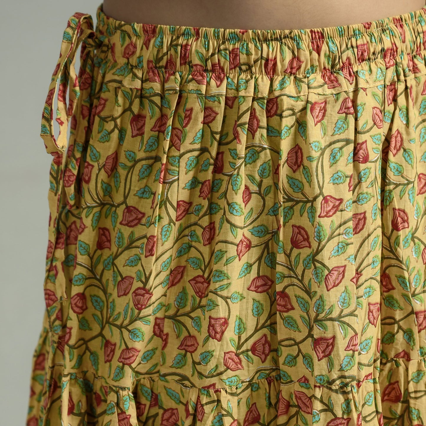 Yellow - sanganeri printed tiered cotton long skirt