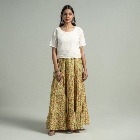 Yellow - sanganeri printed tiered cotton long skirt