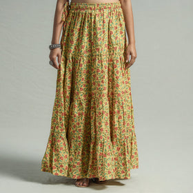 Yellow - sanganeri printed tiered cotton long skirt