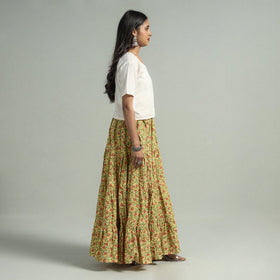 Yellow - sanganeri printed tiered cotton long skirt