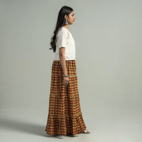 Yellow Sanganeri Block Printed Tiered Cotton Long Skirt