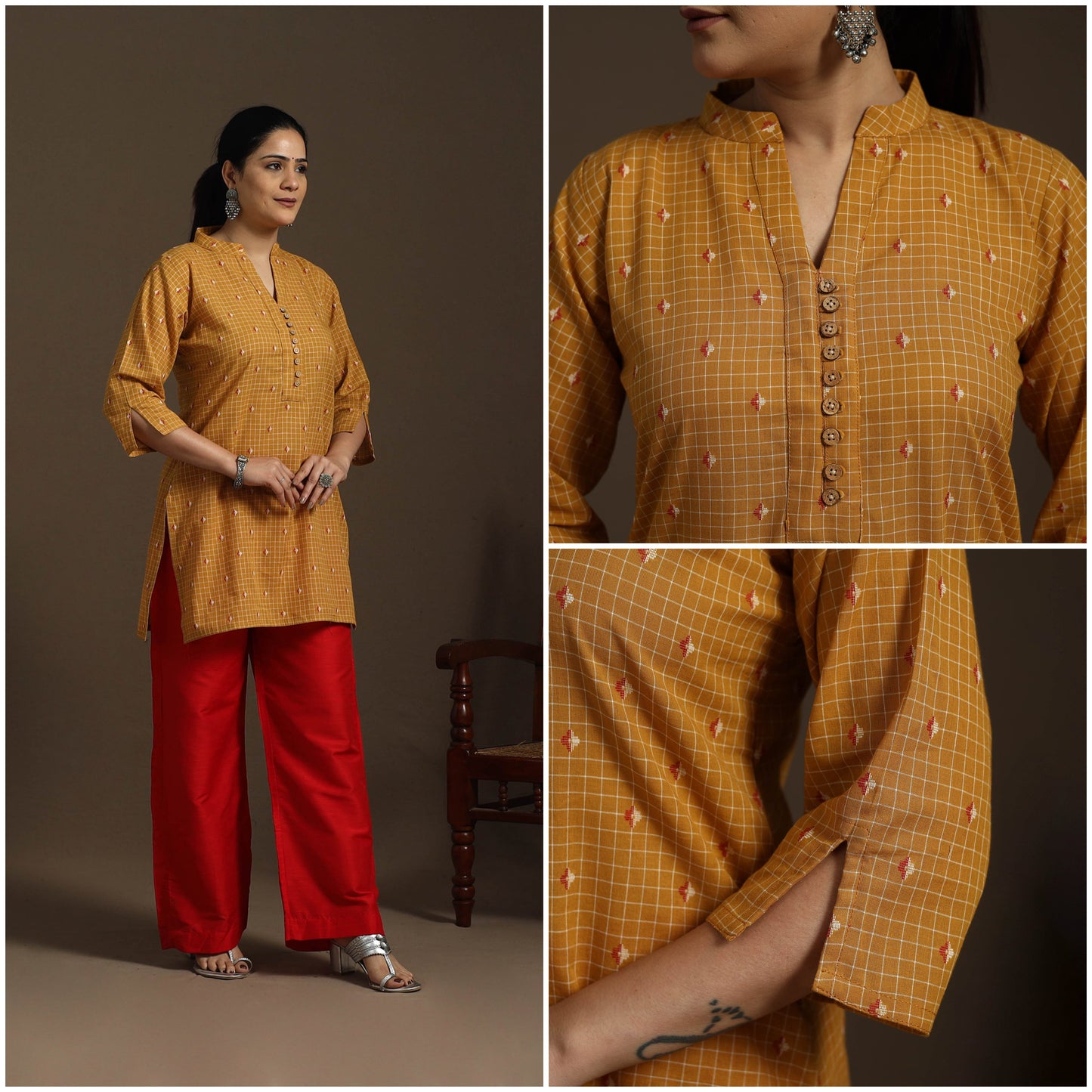 Short cotton jacquard kurta for women 20 - handcrafted