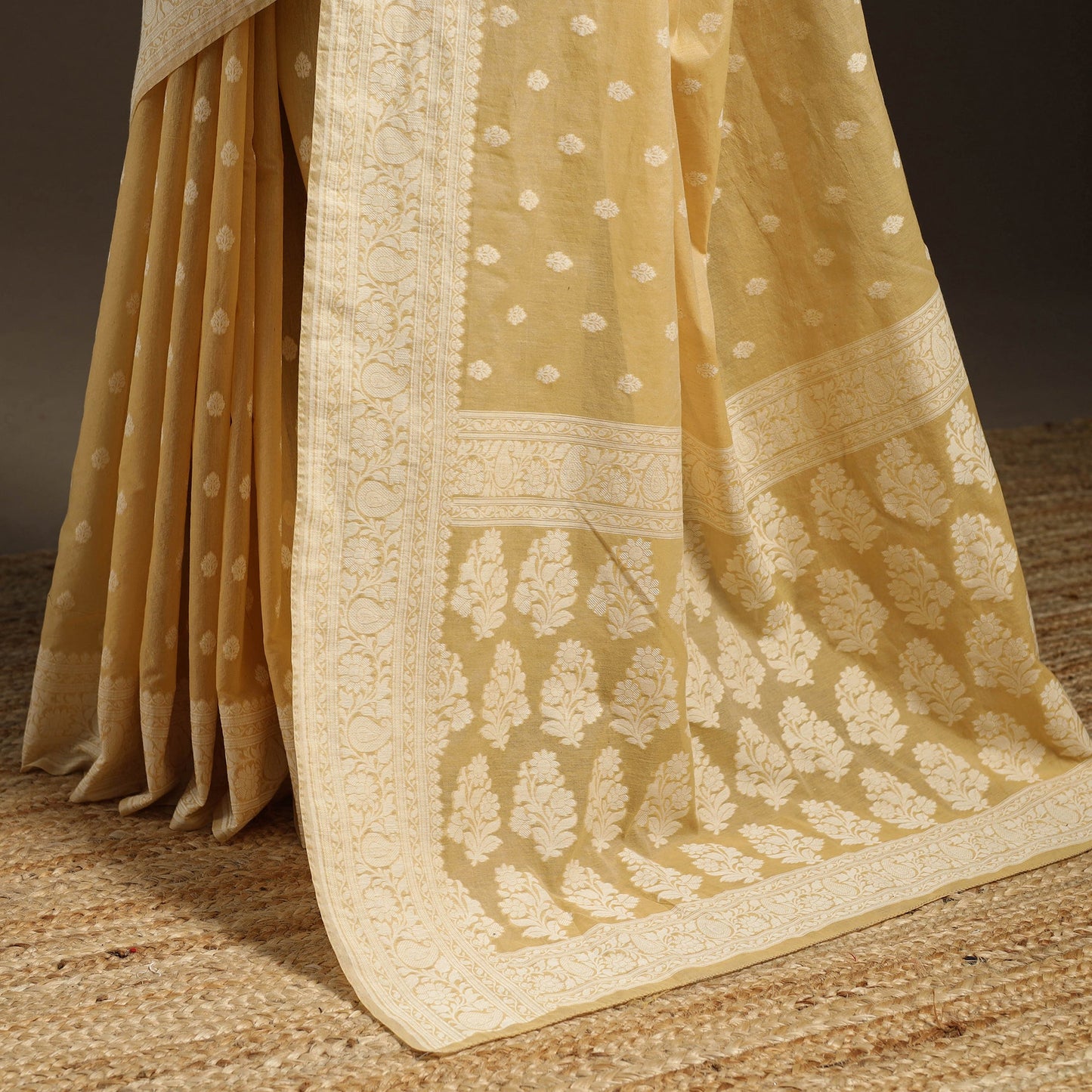 Yellow - silk cotton cutwork buti banarasi saree 57