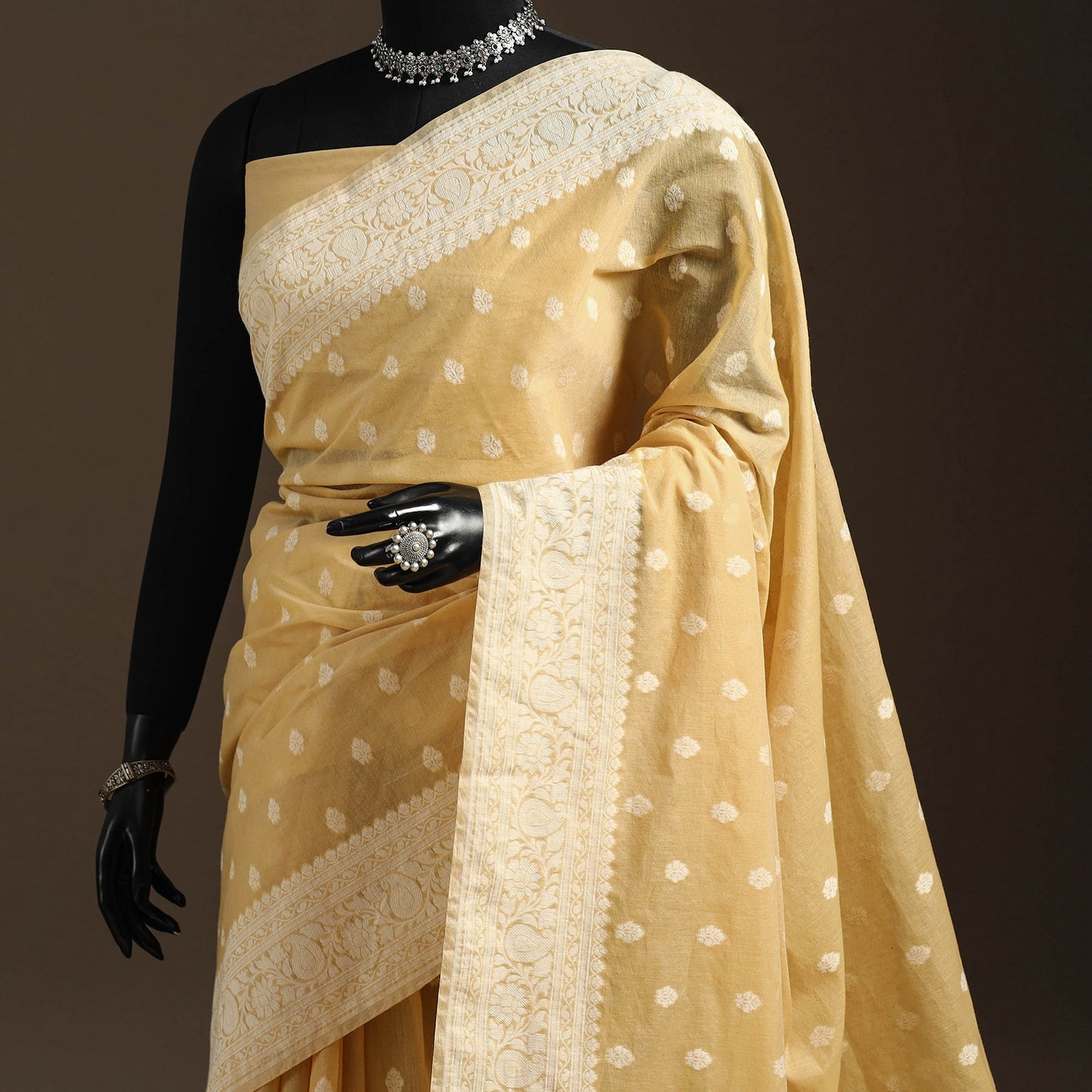 Yellow - silk cotton cutwork buti banarasi saree 57