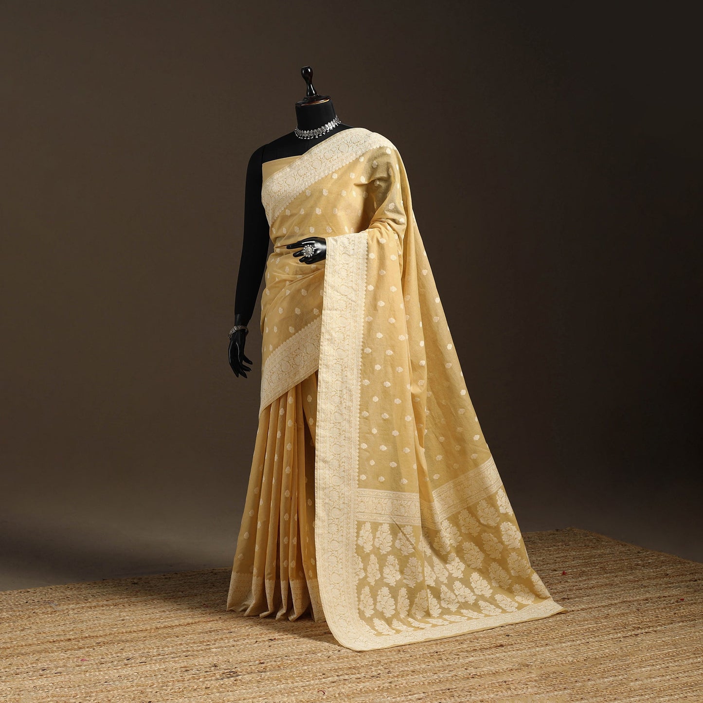 Yellow - silk cotton cutwork buti banarasi saree 57