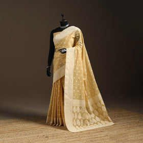 Yellow - silk cotton cutwork buti banarasi saree 57