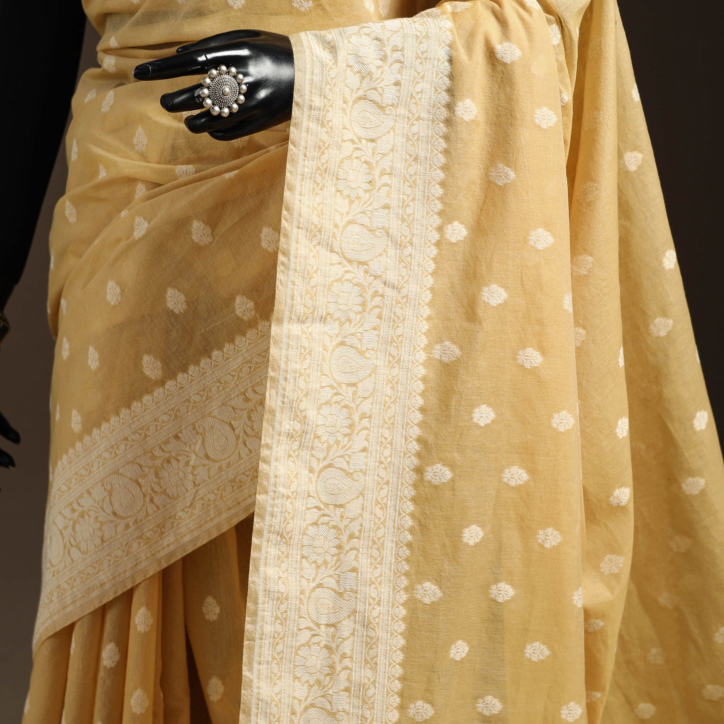 Yellow - silk cotton cutwork buti banarasi saree 57