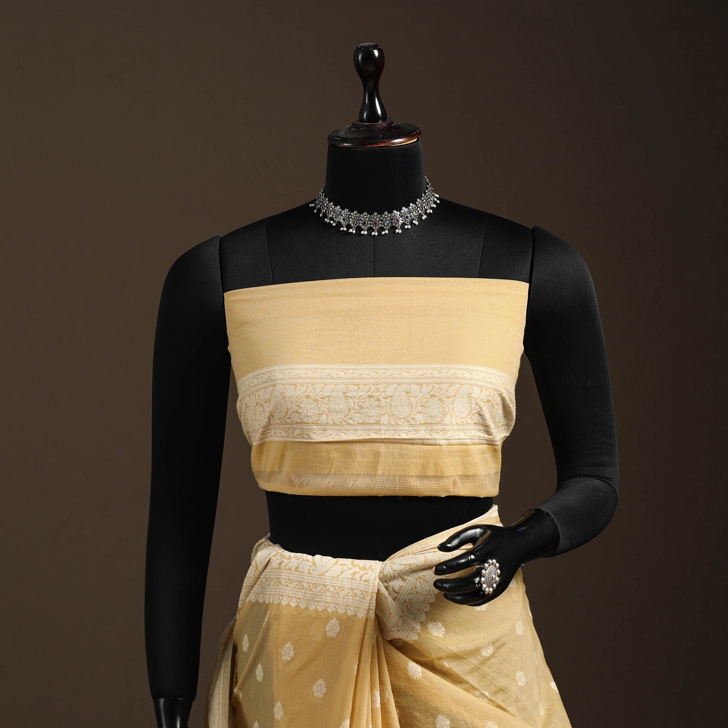 Yellow - silk cotton cutwork buti banarasi saree 57