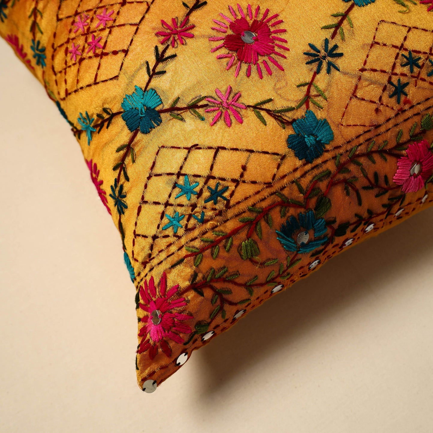 Yellow - silk cotton phulkari hand embroidery cushion cover
