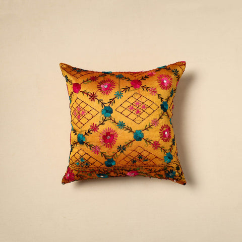 Yellow - silk cotton phulkari hand embroidery cushion cover