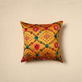 Yellow - silk cotton phulkari hand embroidery cushion cover