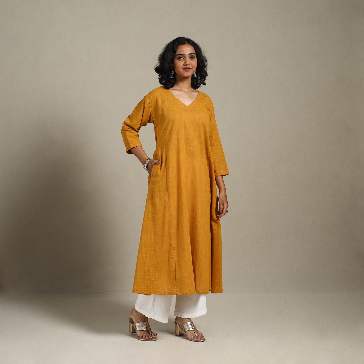 Yellow Slub Cotton A-Line Plain Kurta with Hand Embroidery